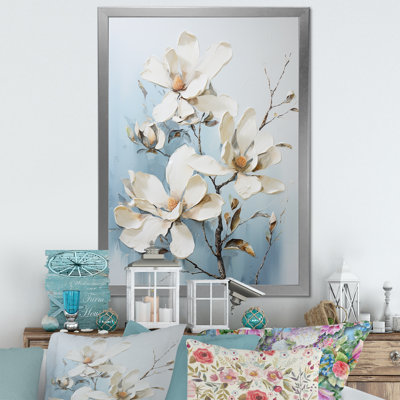 «Magnolias Blossom III» blanc et bleu sur toile