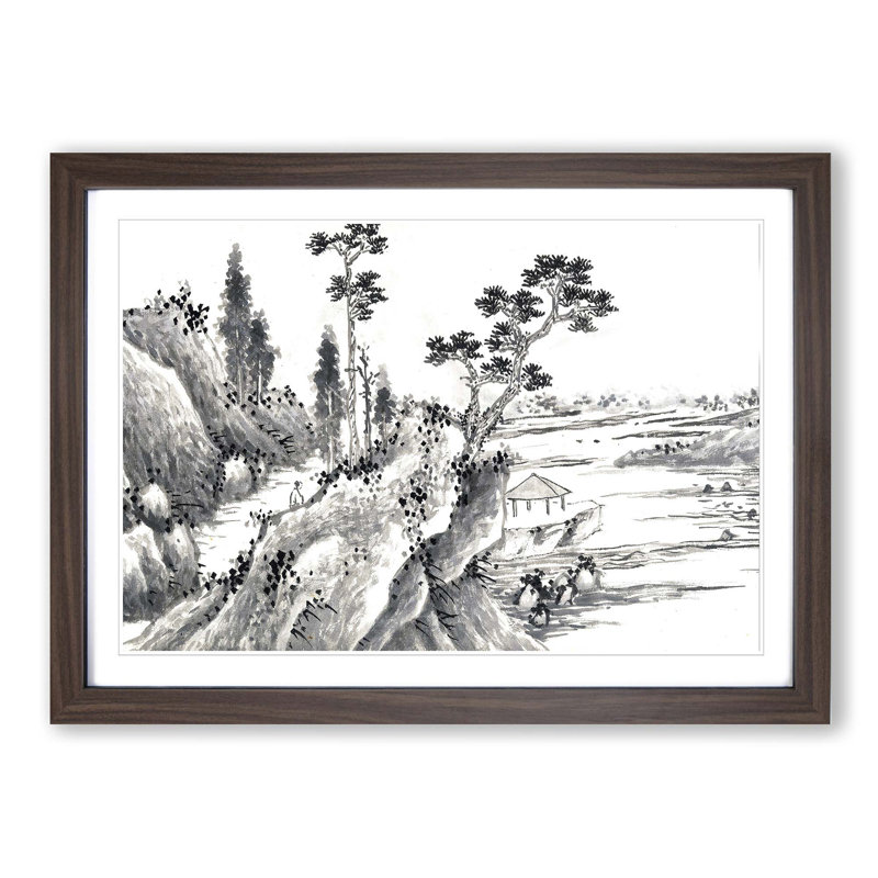 Landscape Vol.8 by Shen Zhou - Picture Frame Painting Print, 27cm H x 36cm W x 2cm D, Walnut Framed