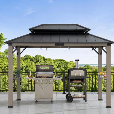 Sunjoy 8' x 12' Wooden Grill Gazebo with Built-in Power Outlet 9.5' Tall Hardtop Outdoor Barbecue BBQ Gazebo with Larger Steel Double Roof, 2 Side Shelves for Deck, Lawn, Backyard, Grey