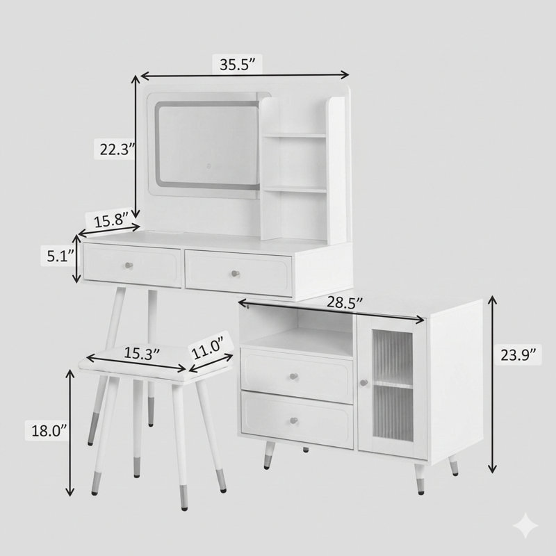 Modern Makeup Vanity Desk With Mirror And Lights. A Retractable Dressing Table Equipped With Drawers And A Cabinet. This Compact Makeup Table Set Includes A Power Outlet For The Bedroom, In Black.