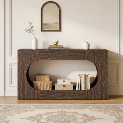 Console 63 po en noyer avec tiroir, canapé d'entrée moderne en bois d'ingénierie - table d'appoint à cadre ovale étroit pour le couloir et le salon