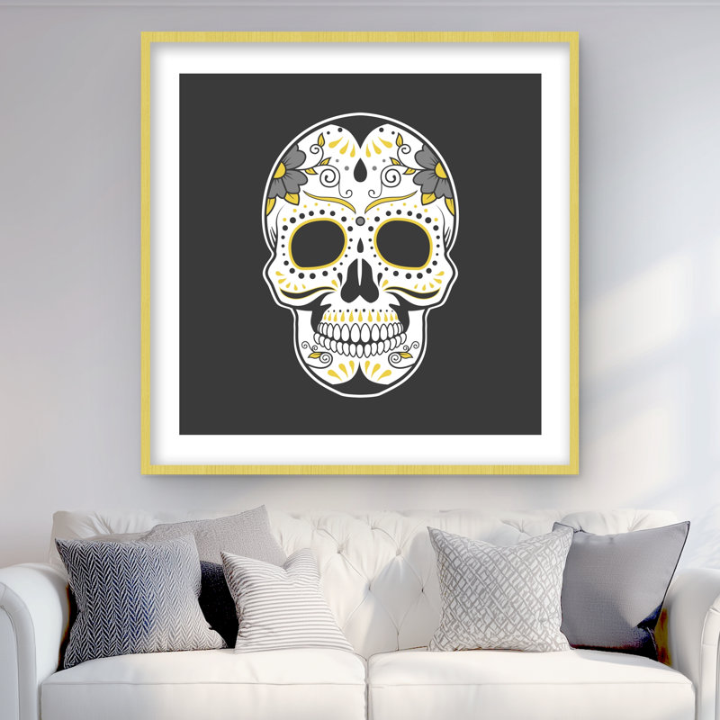 Tête de mort mexicain, reproduction encadrée pour la décoration intérieure, H 36 po x l 36 po, Doré