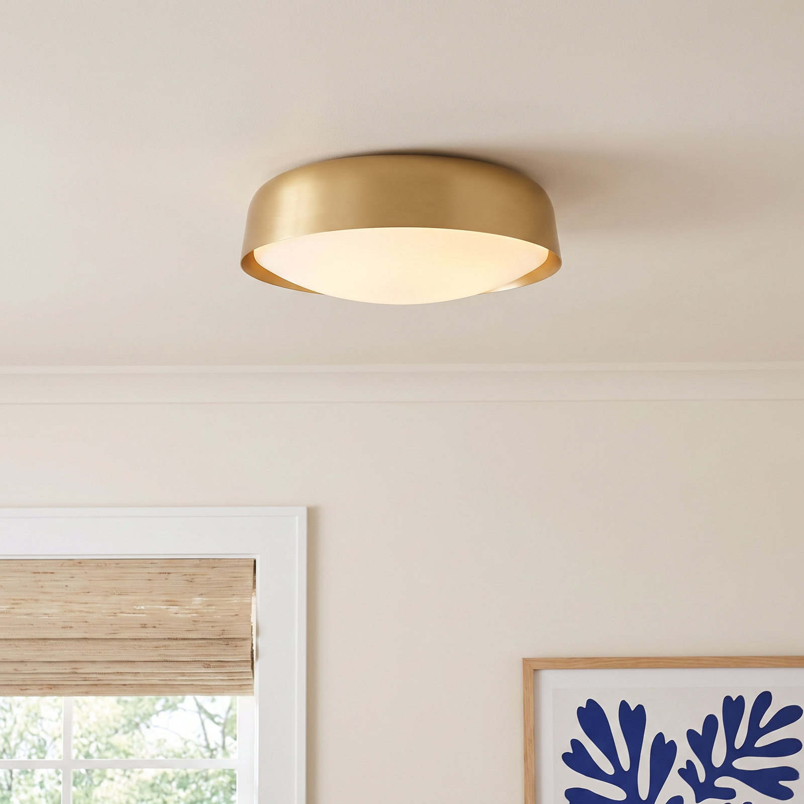 2 Light Glass Flush Mount, Burnished Brass