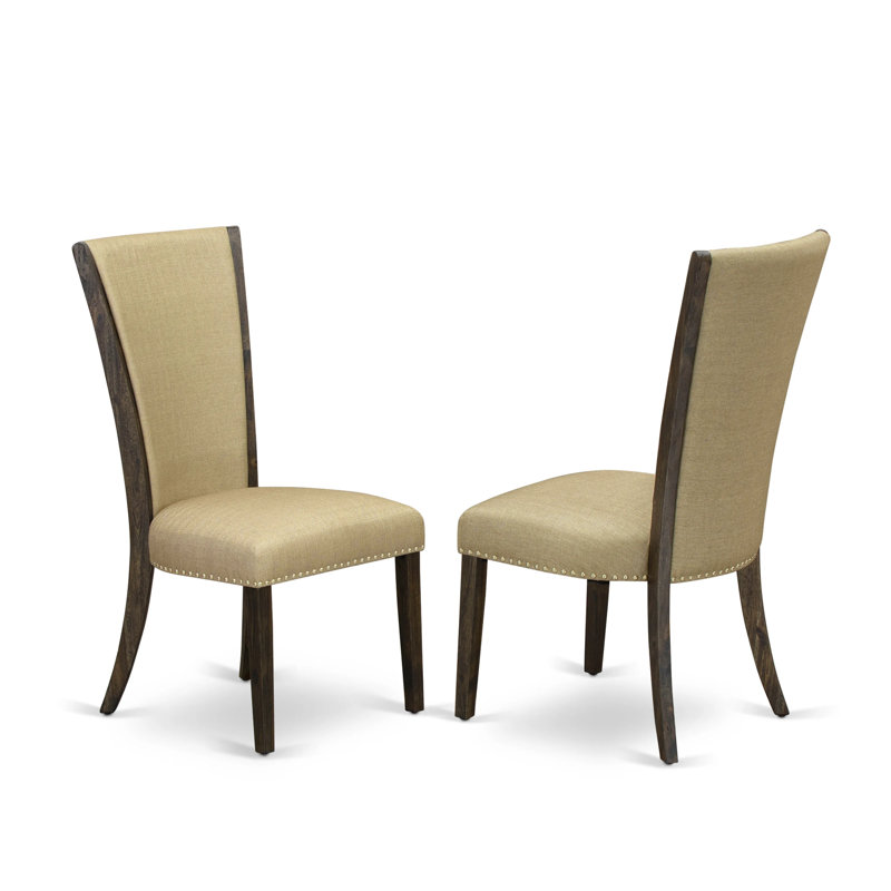 5 Piece Dining Set Includes a Rectangle Dining Room Table with X-Legs and 4 Brown Linen Fabric Upholstered Parson Chairs, Distressed Jacobean