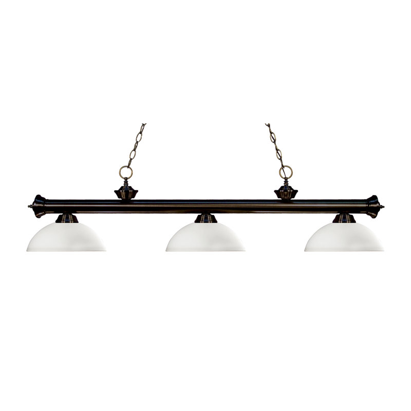 Luminaire suspendu linéaire à 3 lumières pour table de billard Chevelle, Opale mat, Bronze