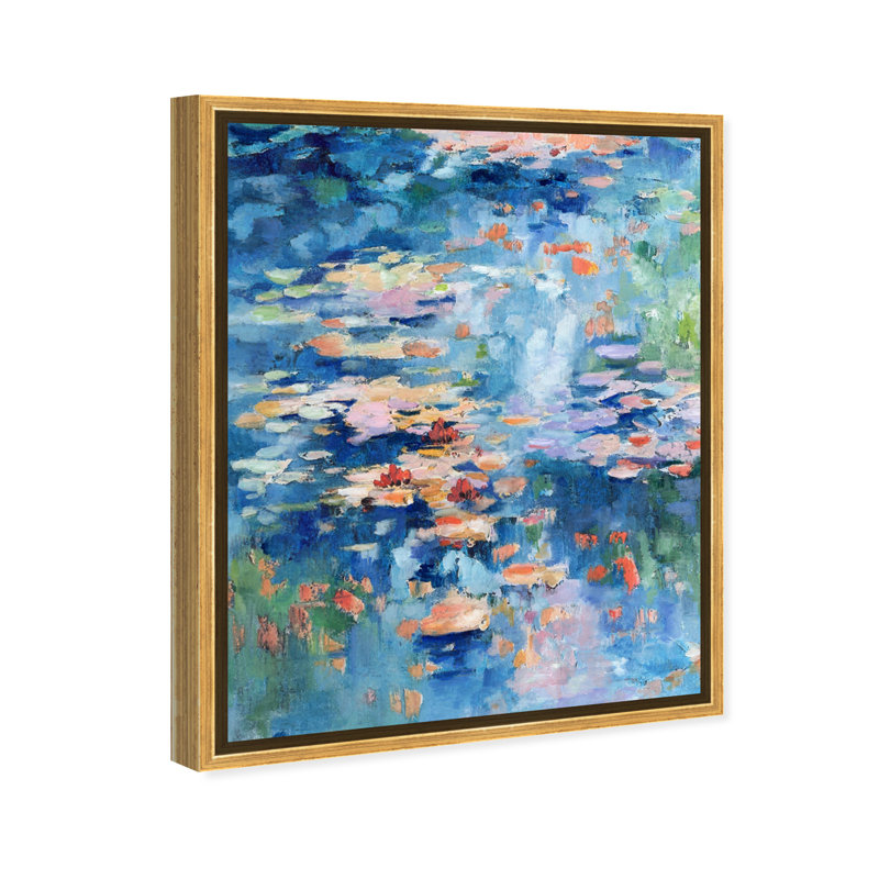 «Inspired by Monet Impressionist Waterlillies Modern Blue», impression encadrée, Toile avec cadre doré
