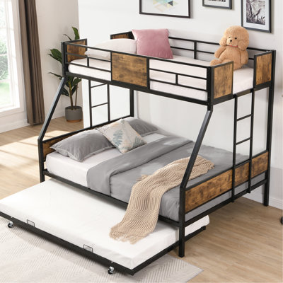 Lit superposé simple double sur lit double avec lit gigogne pleine grandeur, noir et brun, style moderne, peu encombrant et robuste, fonctionnement silencieux, sans sommier, rangement inférieur, assemblage rapide