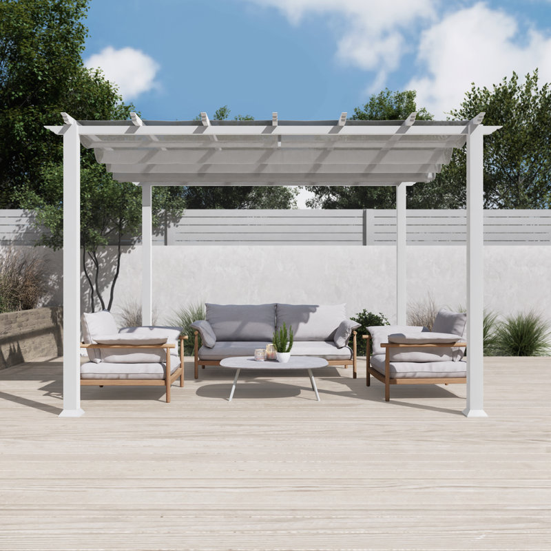 White Aluminum Pergola with Adjustable Silver Canopy, 11' x 11'