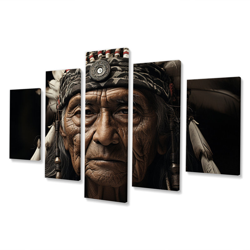 «Native Art Wisdom Of Ancestors Portrait» - reproduction d'art mural amérindien - 5 panneaux