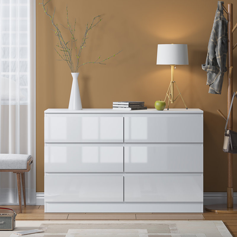 Carlton 6 Drawer Chest Of Drawers. 110cm Wide. 3+3 Configuration. High Gloss Front. Scratch Resistant. Modern No Handle Design.