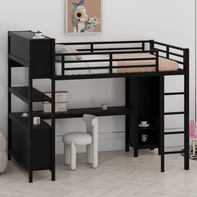 Lit mezzanine en métal avec garde-robe et bureau en L, avec cubes de rangement et tablettes