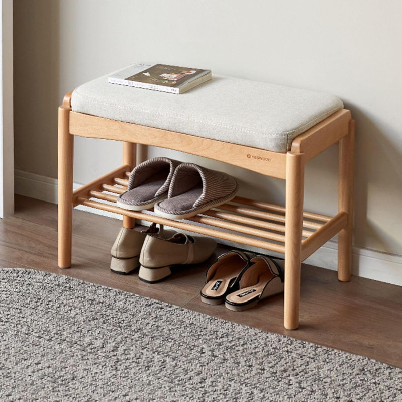 Banc à chaussures rembourré en chêne massif, H 16,53 po x l 23,62 po x P 11,8 po, Chêne naturel / beige
