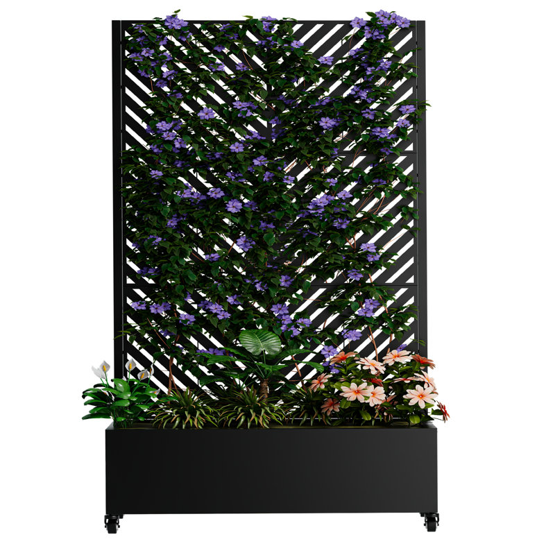 73"X35"X16 Metal Planter Box With Trellis, Drainage Holes, Lockable Wheels, Privacy Screen, Suitable For Climbing Plants, High - Quality Galvanized 71.03 In Height 35.25 Depth, Multi Layer Coating