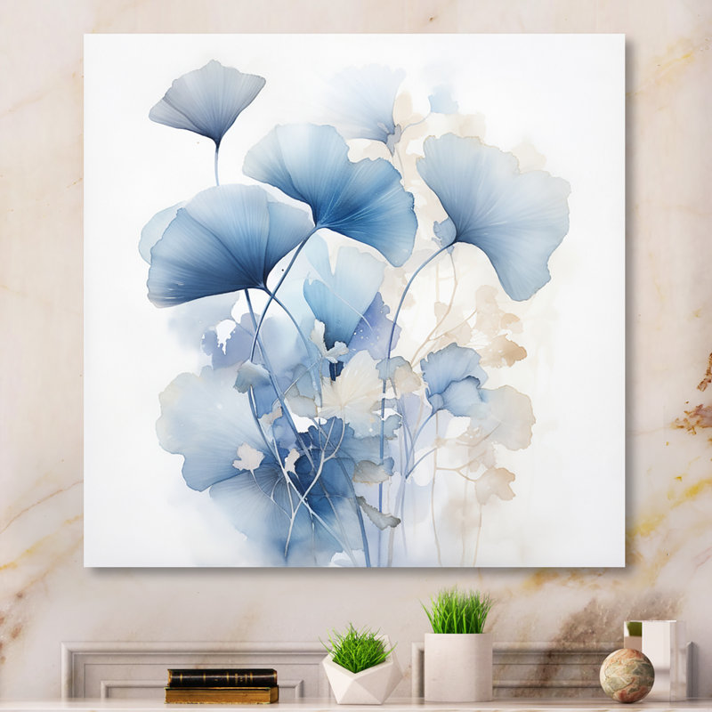 Délicates feuilles de ginko bleu sur aquarelle blanche sur toile, H 30 po x l 30 po x P 1 po, Toile tendue