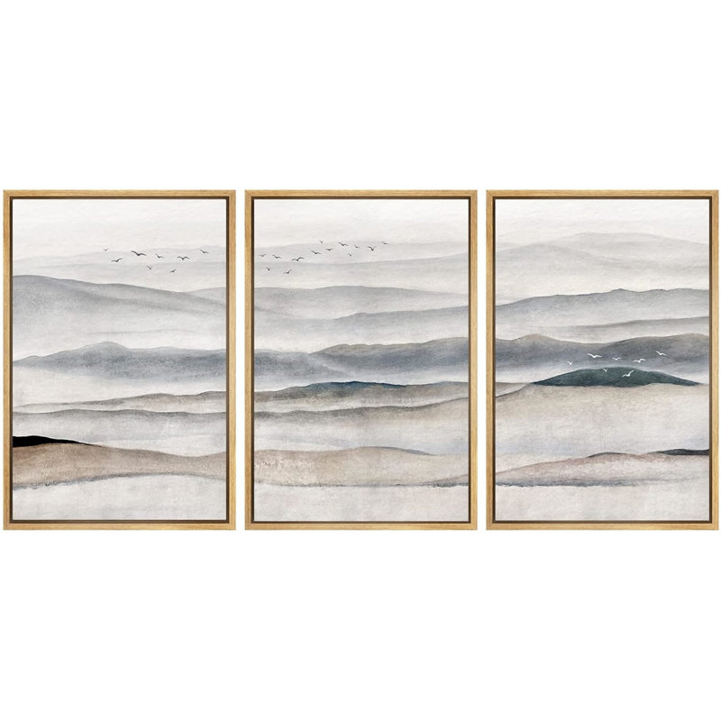 Gris gris brun pastel Mist Mountains, impression sur toile 3 pièces, H 24 po x l 48 po x P 1,5 po, Naturel