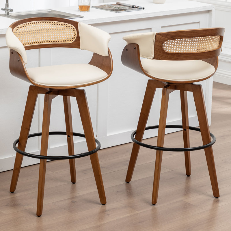 Swivel Upholstered Cane Back Counter Height Bar Stools, Counter Stool (26.37" Seat Height), Beige