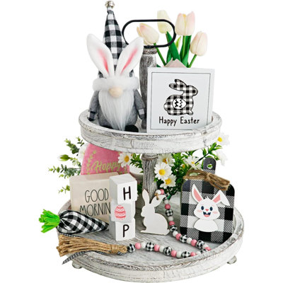 Easter Tiered Tray Decorations 8Pcs Spring Easter Bunny Gnome Decor, Buffalo Plaid Easter Gnome Plush Black Check Carrot 3D Easter Wood Signs Bead Garland Easter Farmhouse Kitchen Table Décor