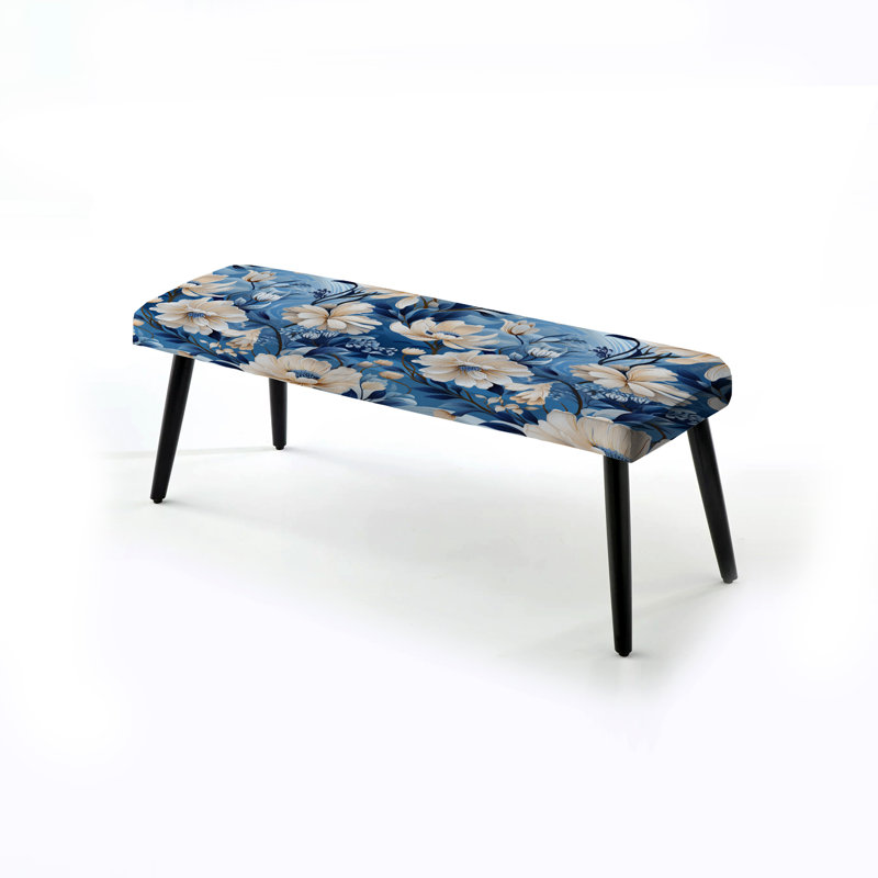 Banc rembourré floral noir, Motif de pivoines bleues et blanches enchantées I