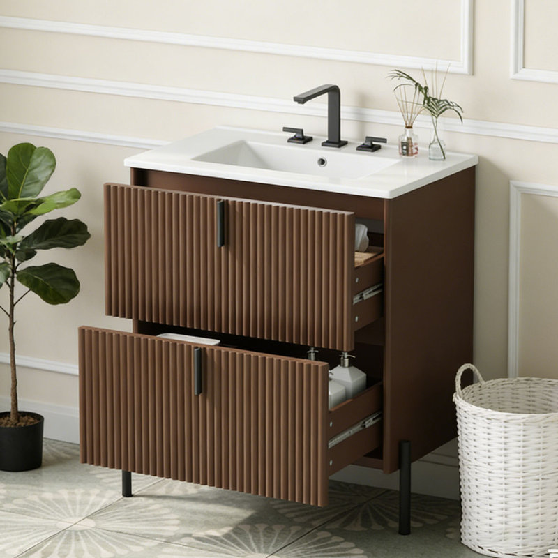 Meuble-lavabo 30 po avec lavabo en céramique, Marron foncé