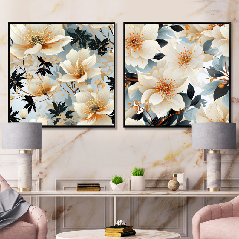 Louanne - ensemble de 2 impressions murales florales, Cadre noir, H 36 po x l 73 po x P 1,5 po