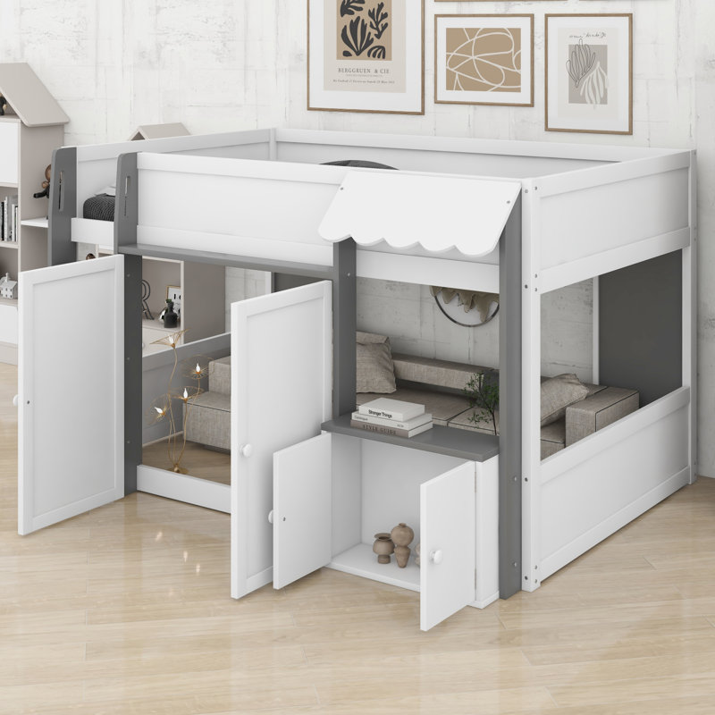 Lit Modern House avec rangement, Blanc + gris