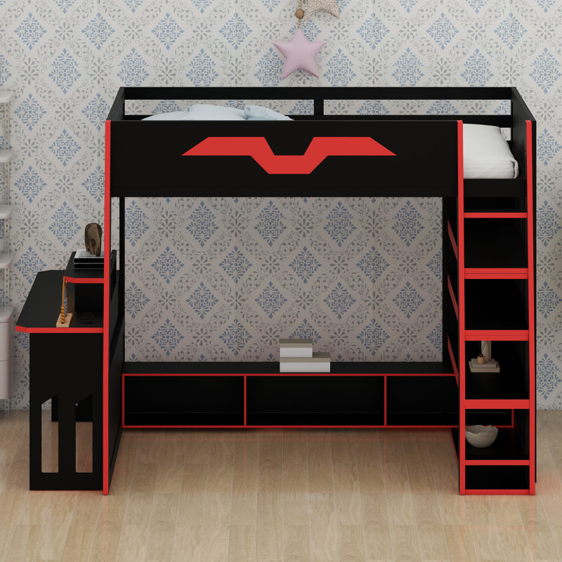 Elevated Bed Frame Featuring Workspace, Versatile Shelving, Color-Changing Lights, and Movable Desk, Red