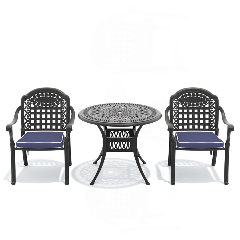 Ensemble de 3 meubles de patio en aluminium coulé avec coussins bleus, 2