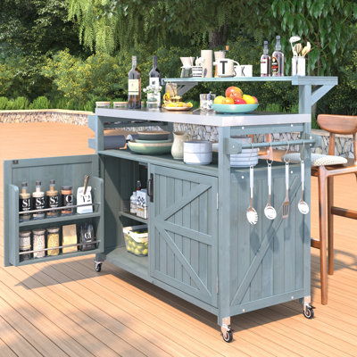 53.3" Outdoor Kitchen Island with Raised Shelf – Solid Wood Storage Cabinet Stainless Steel Top, Rolling Grill Cart with Adjustable & Spice Rack