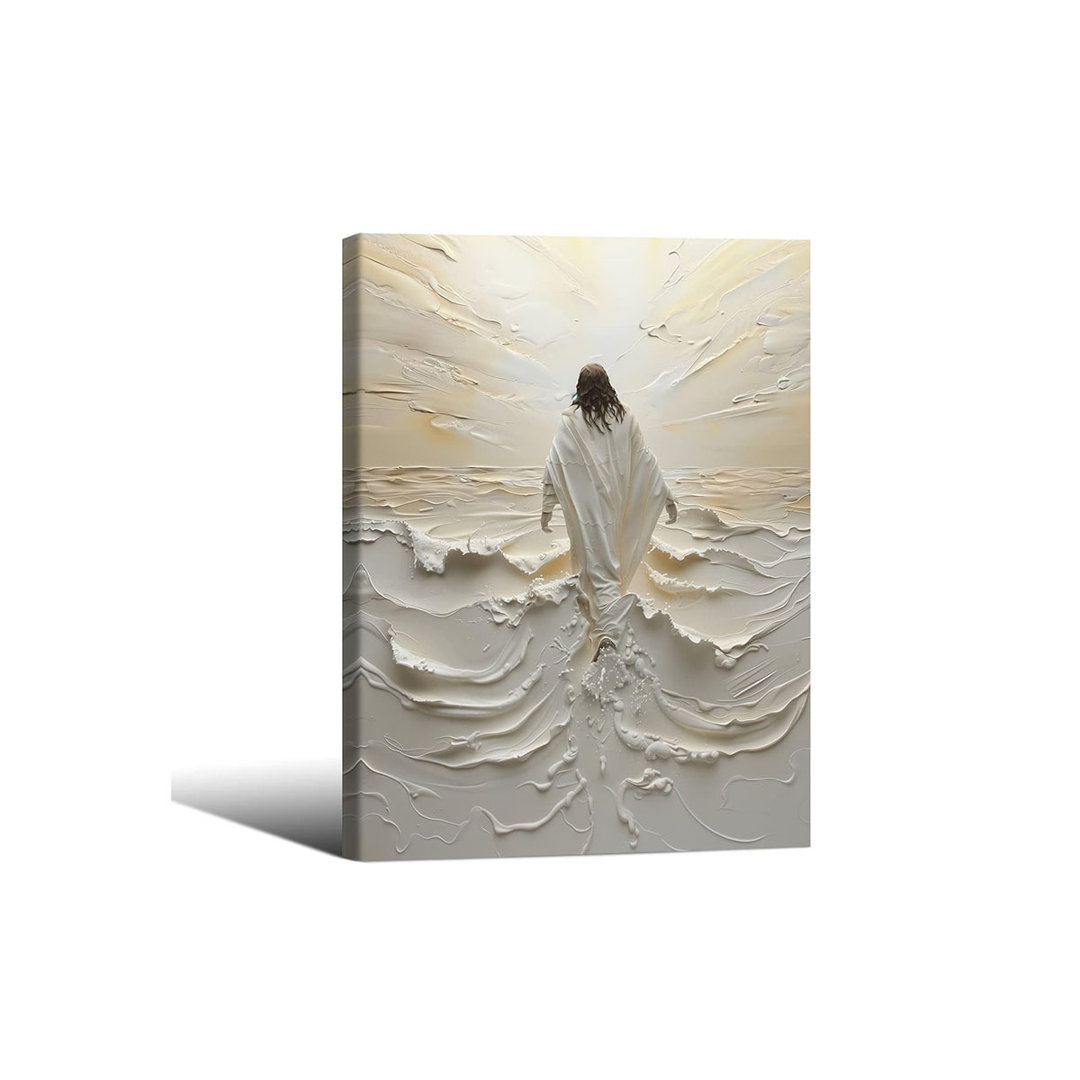 Jesus Walking On Water Canvas Framed Wall Art Christian Spiritual Divine Light Religious Poster Print 12X16in For Living Room Bedroom Church Prayer Ro