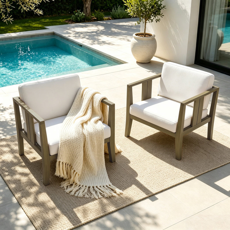 Junco Solid Wood Teak Outdoor Lounge Chair With Cushion And Arm, Beige, Brown