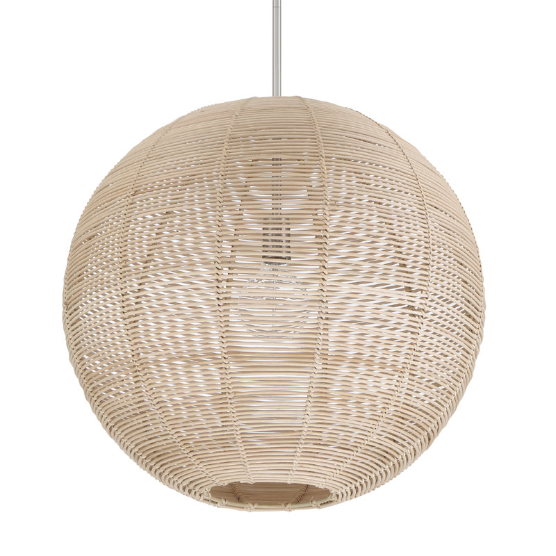 Large Brushed Nickel Globe Pendant Light with Rattan Shade
