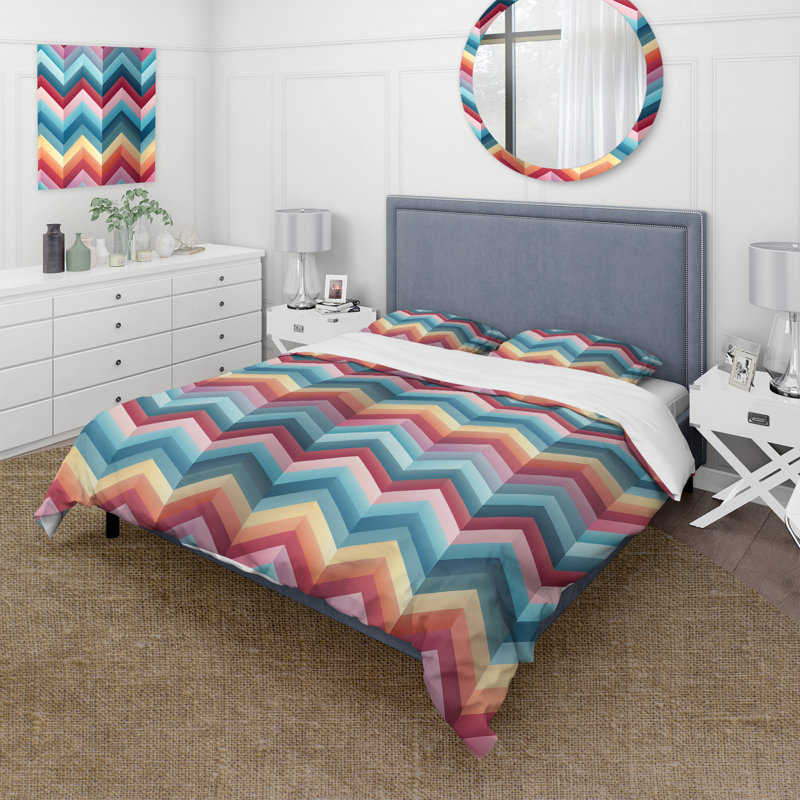 Multicolor Urban Geometry Chevron Pattern - Chevron Duvet Cover Set - Microfiber Polyester, King Duvet Cover + 2 King Shams