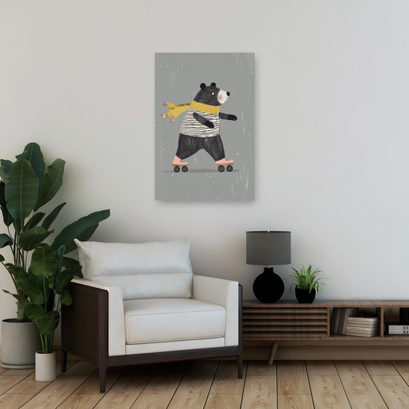 Whimsical Roller Skating Bear Playful Whimsical Abstract Bear Winter Landscape Wall Art Print 1 Piece Wrapped Canvas Wall Art