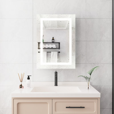 Miroir de salle de bain mural 20 po x 28 po. Brouillard, imperméable, à intensité variable. 3000K ~ 6000K, interrupteur tactile, armoire de rangement à intensité variable, style américain, 3 tiroirs