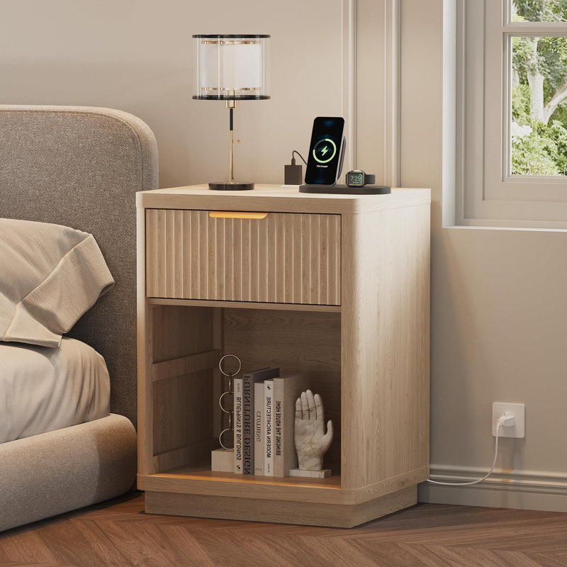 Fluted Farmhouse Nightstand with Charging Station & Drawers, Modern Mid-Century Bedside Table with Metal Handle for Room