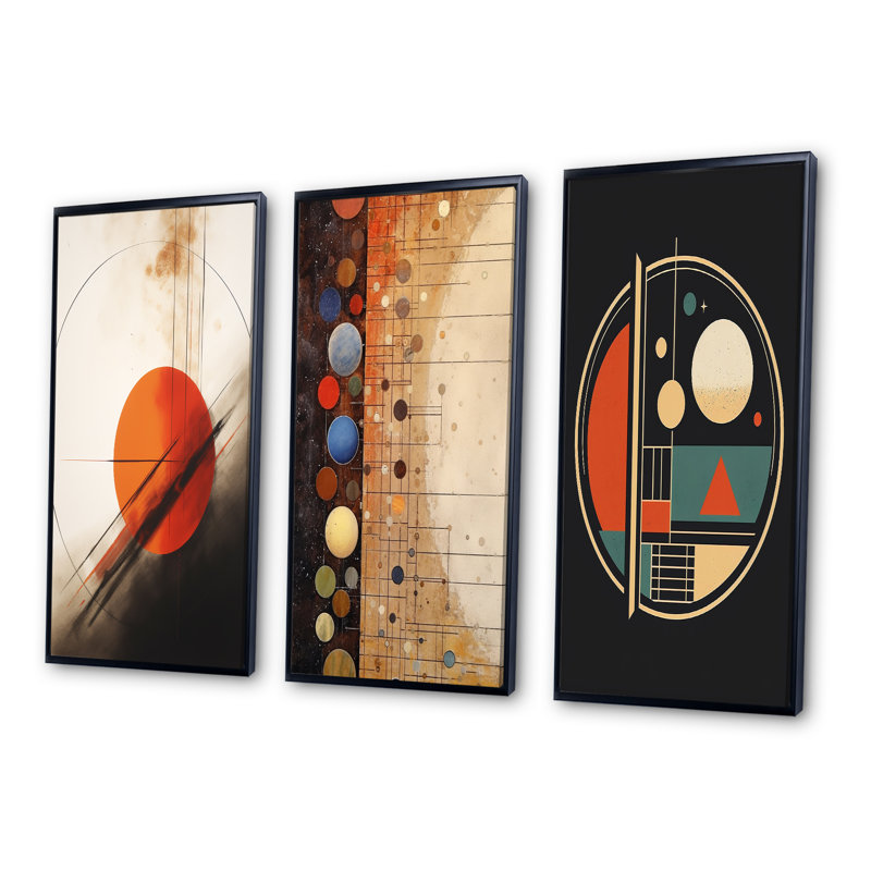 Ensemble de 3 pièces Mid-Century à motif géométrique abstrait rouge pleine lune - Art moderne Mid-Century, H 20 po x l 36 po