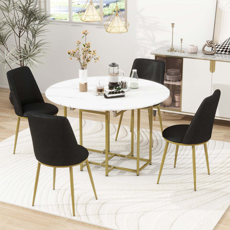 5-Piece Extendable Kitchen Dining Table Set, Black, Gold
