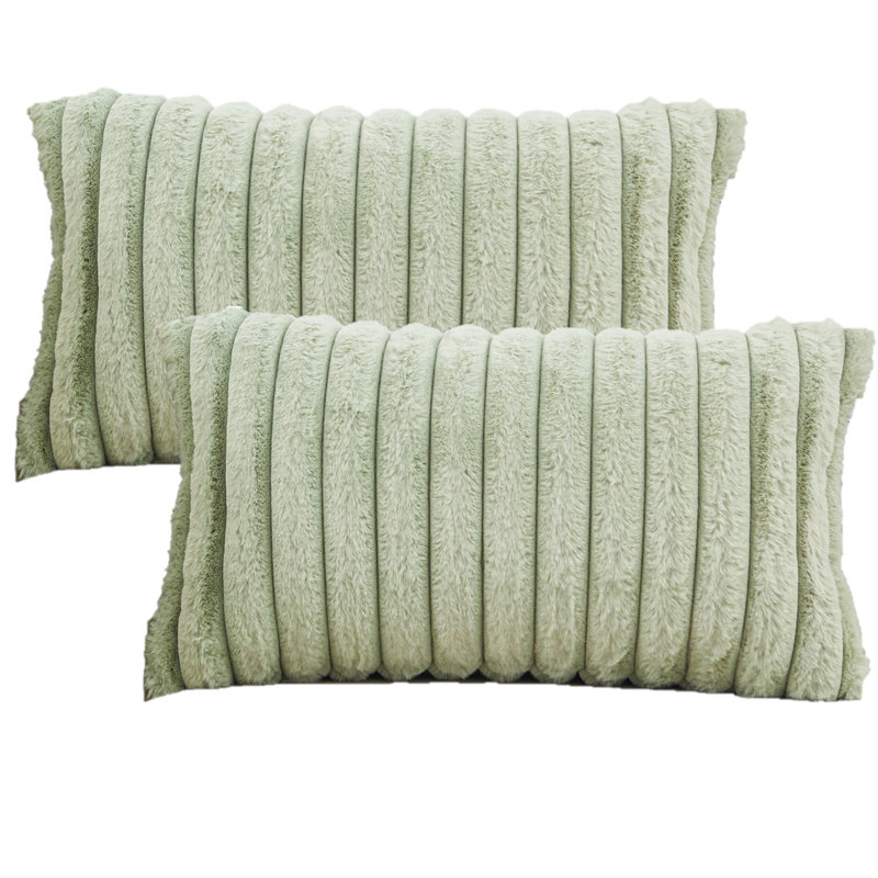 Faux Fur Lines Striped Faux Fur Reversible Pillow Cover, Green