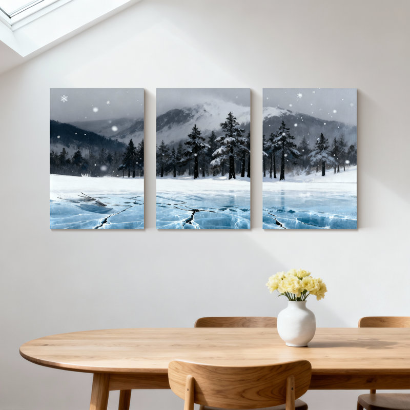Hiver, forêt, paysage d'hiver, montagnes enneigées, lac de glace, ensemble de 3 impressions sur toile, H 18 po x l 36 po