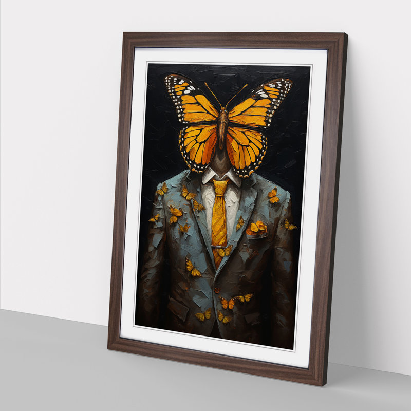 Butterfly In A Suit Painting - Single Picture Frame Print on Wood, Walnut Framed, 34cm H x 25cm W x 2cm D