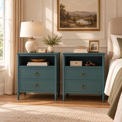 Nightstand Set of 2, Mid Century Modern Night Stand with Drawers and Open Shelf, Beside Table with Distressed Ring Handle for Bedroom,Green End Table