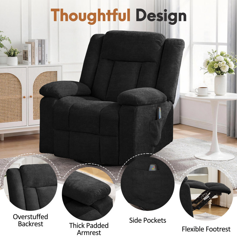 Recliner Chair, 360° Swivel Rocker Recliner with Massage and Heating, Manual Recliner with Side Pockets, Manual Reclining Chair for Living Room, Bedroom