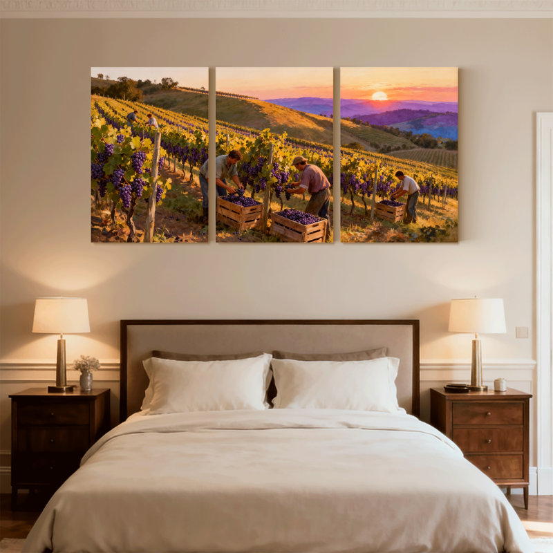 Scénario et paysages urbains Vineyard Harvest Sunset Work Grapes Fields Hills Sunlight, H 30 po x l 60 po