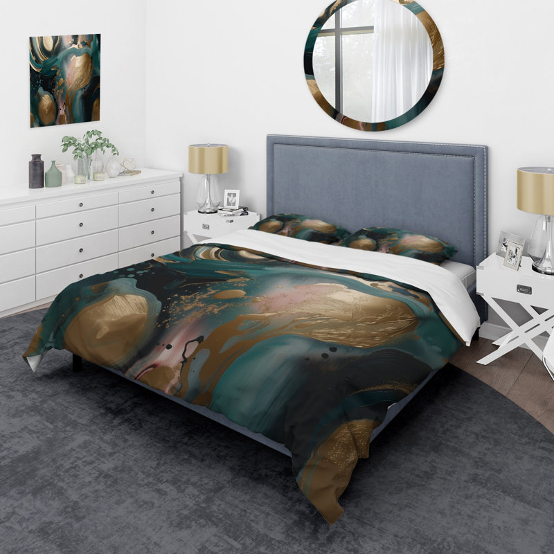 Ensemble de housse de couette en microfibre / polyester marbré doré et vert Euphoria I Bedding
