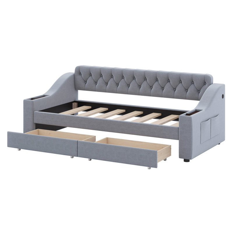 Lit de jour rembourré avec accoudoirs de rangement et port USB, Gris
