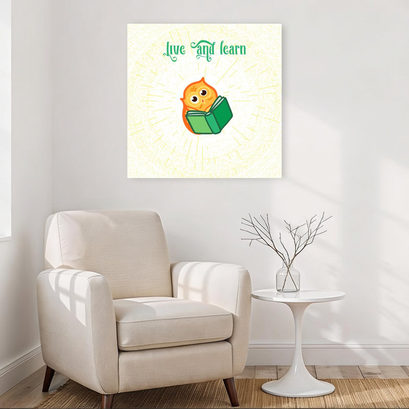 Hibou sage lisant un livre, illustration murale contemporaine représentant une forêt de chouettes, H 32 po x l 32 po