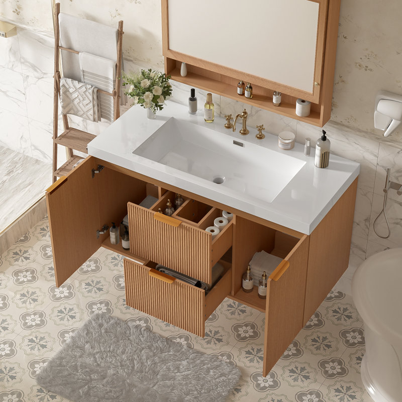 Meuble-lavabo mural, conception flottante peu encombrante, bois, devant cannelé, moderne et contemporain, salle de bain, 42"