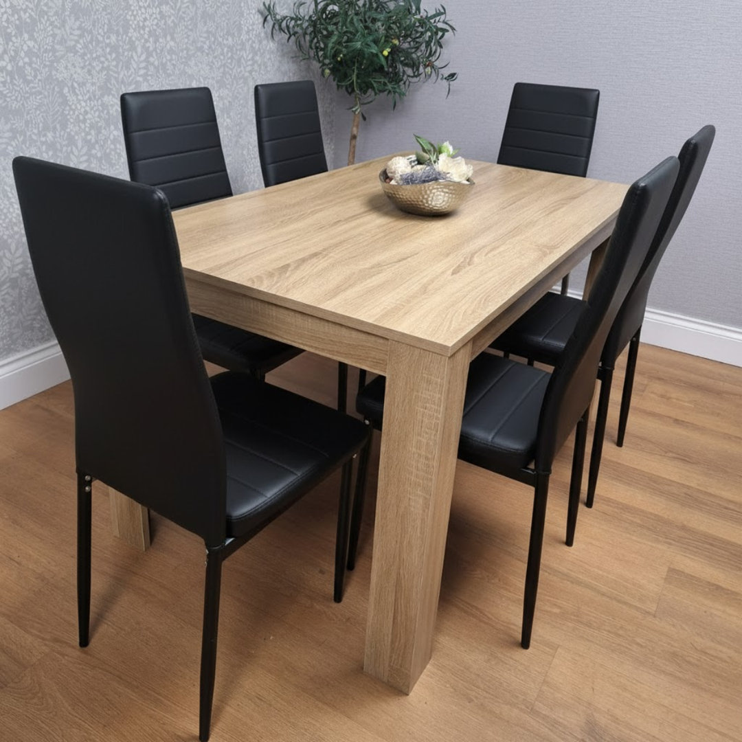 B&Q - Oak Effect Dining Table Set With 6 Black Faux Leather Chairs Dining Room Furniture - Image 6