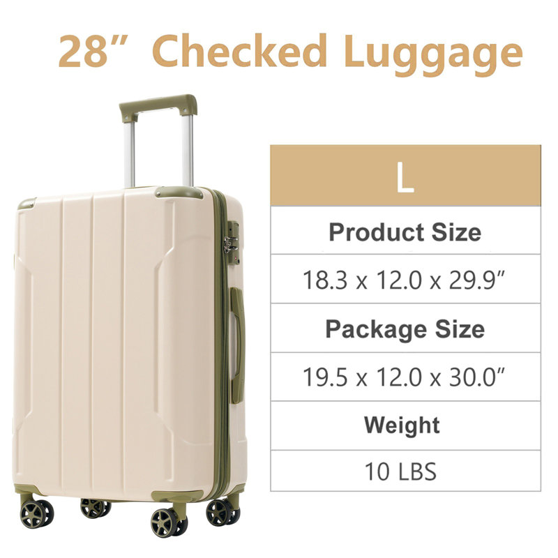 Hardshell Luggage, Lightweight Durable ABS Suitcases With Double Wheels, Expandable 28-Inch Checked Travel Luggage(White And Green)