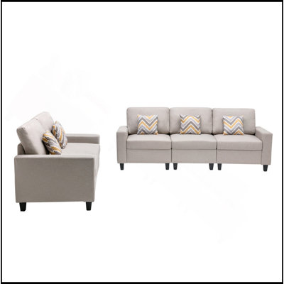Nolan 95.5" Beige Linen Fabric Sofa And Loveseat Living Room Set With Pillows And Interchangeable Legs